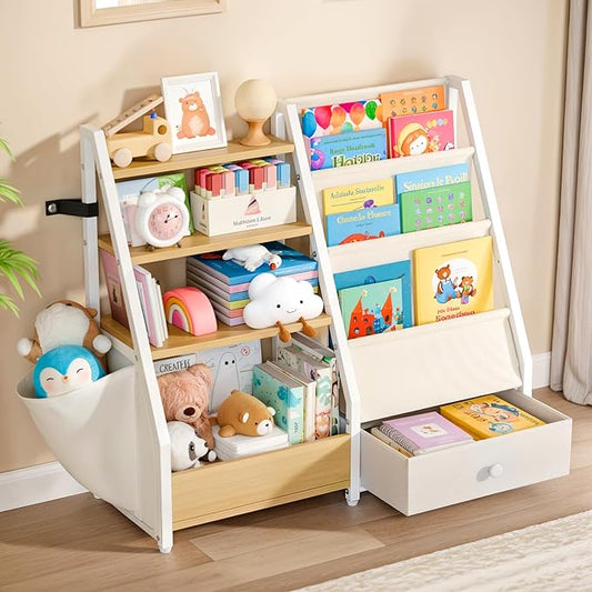 HAVLOTII Kids Bookshelf and Toy Storage - Book Shelf for Kids Rooms, Toddler Bookshelf Baby Bookcase for Nursery, Montessori Toy Organizer, Burlywood