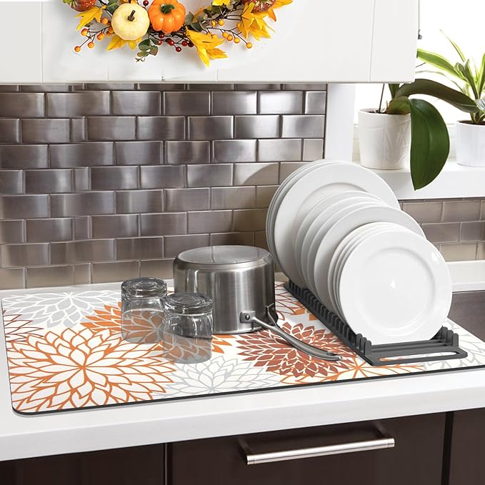 Findosom 2PCS 12" x 20" Fall Dish Drying Mat & 24" x 5.5" Sink Splash Guard, Super Absorbent & Cuttable Dish Mat Drying Kitchen Mat with Orange Floral, Hide Stain Drying Mat for Kitchen Counter - Image 7