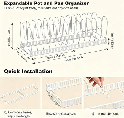 Expandable Pot and Pan Organizer for Cabinet, 14 Adjustable Dividers, Versatile Pan Holder Storage Rack, Extends from 12'' to 23'', Fits Cabinets, Countertops, or Under Sink, White, Iron