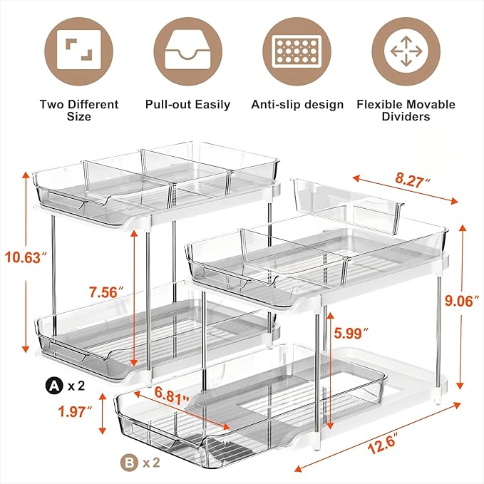 Delamu 2-Tier Multi-Purpose Bathroom Under Sink Organizers and Storage, Stackable Kitchen Pantry Organization, Pull Out Medicine Cabinet Organizer with Movable Dividers, Grey, 4 Pack - Image 2