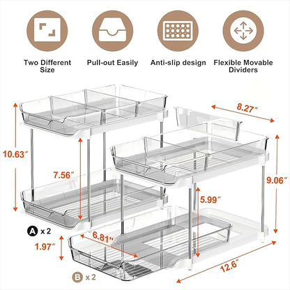Delamu 2-Tier Multi-Purpose Bathroom Under Sink Organizers and Storage, Stackable Kitchen Pantry Organization, Pull Out Medicine Cabinet Organizer with Movable Dividers, Grey, 4 Pack - Image 2