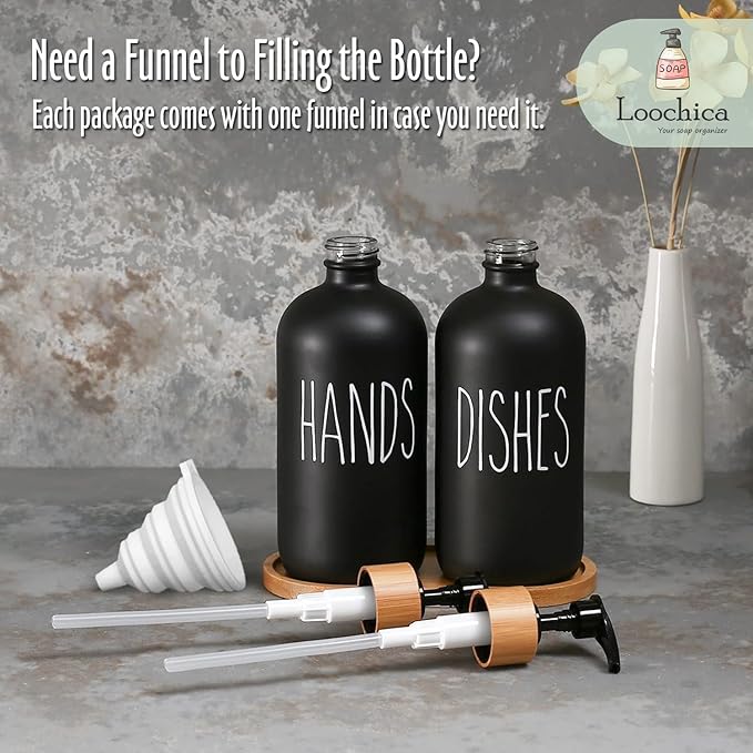LOOCHICA 2 Pack Black Glass Soap Dispenser Set with Tray, Hand and Dish Glass Soap Dispensers for Kitchen Sink, Matte Black Soap Dispenser Suitable for Kitchen Sink, Rustic Kitchen Décor - Image 9