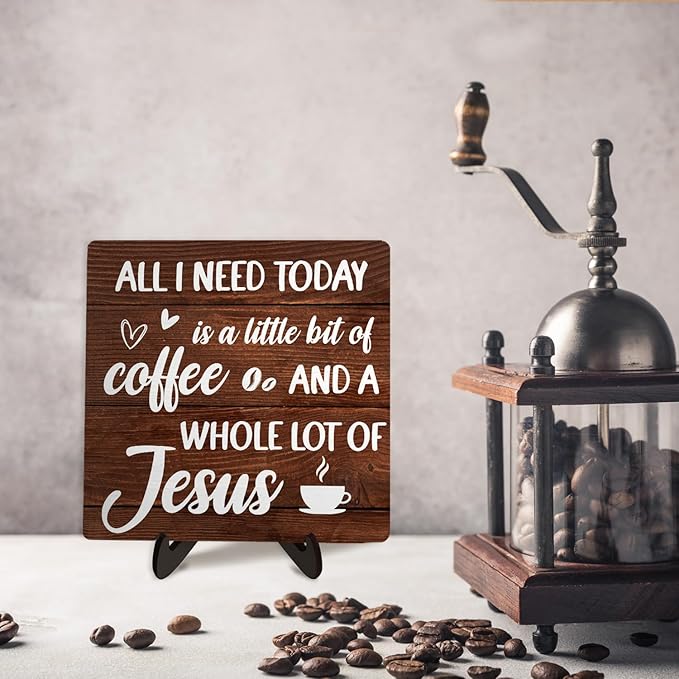 Coffee Bar Plaque, Vintage Desk Decor for Home or Office,Cafe Bar Sign - All I Need Today is a Little Bit of Coffee and A Whole Lot of Jesus,Christian Kitchen Accessories 5.9x5.9IN(Brown) - Image 6