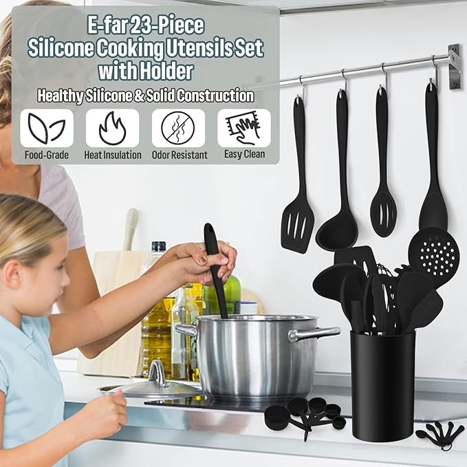 Silicone Kitchen Utensils Set, E-far 23 Pcs Black Cooking Utensils Tools with Holder for Nonstick Cookware, Include Spatula/Spoon/Ladle/Tongs/Turner, Heat Resistant & Nontoxic, Dishwasher Safe - Image 6