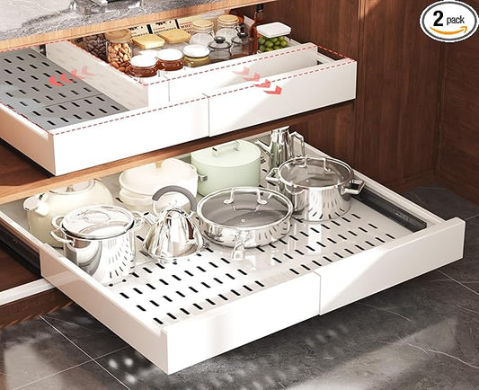 Seinloes 2 Pack Pull Out Cabinet Organizer Expandable Width(15"-25") and Depth(17"-24"),Slide Out Drawers With Raising Pad for Framed Cabinets,No Drill Roll Out Shelves for kitchen,Bathroom,White by Seinloes