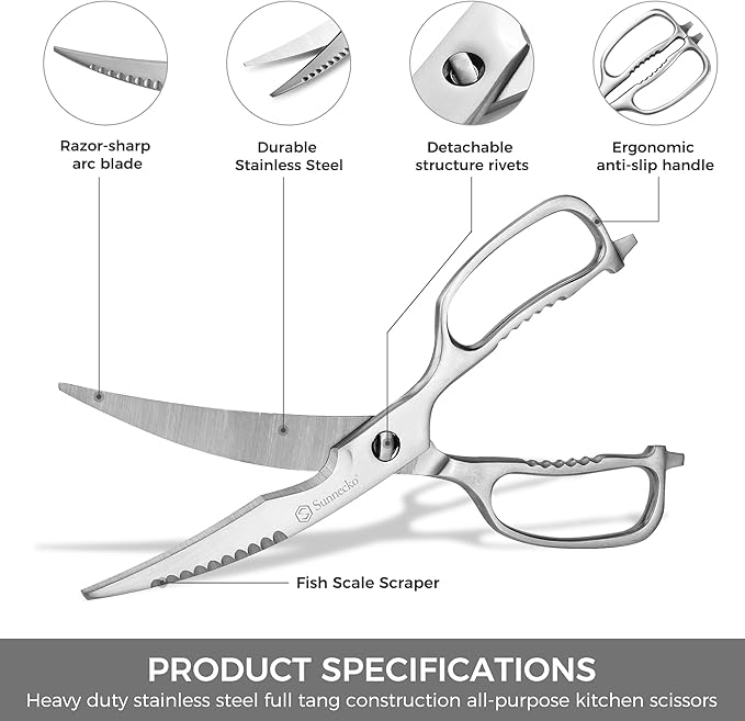 Sunnecko Heavy Duty Kitchen Scissors - Stainless Steel Kitchen Shears, Ultra Sharp Micro Serrated Poultry Shears, Cooking Scissors for Meat, 9 Inch Curved Blades - Image 2