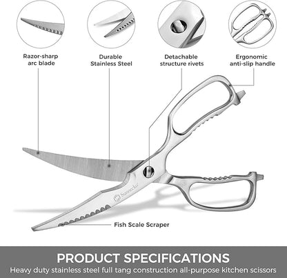 Sunnecko Heavy Duty Kitchen Scissors - Stainless Steel Kitchen Shears, Ultra Sharp Micro Serrated Poultry Shears, Cooking Scissors for Meat, 9 Inch Curved Blades - Image 2