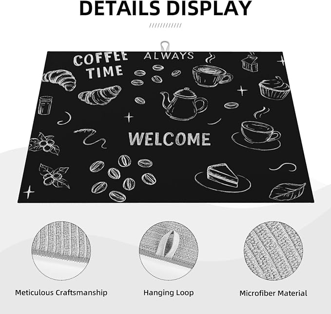 Black Ink Dish Drying Mats for Kitchen Counter, Large 18"x24" Dish Mats for Drying Dishes, Microfiber Absorbent Dish Drying Pad Rack Mat Kitchen Decor Reusable Washable
