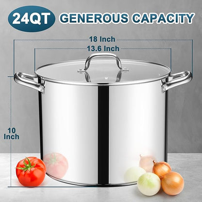 E-far 24-Quart Large Stock Pot, Stainless Steel Stockpot with Lid for Boiling Cooking Soup Stew Canning, Heavy Duty Tri-Ply Bottom Works w/Induction, Commercial Grade & Dishwasher Safe - Image 2