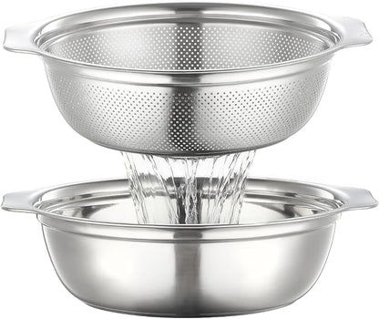 Colander for Kitchen Stainless Steel, 4QT Rice Strainer Bowl with Handle for Washing Pasta, Spaghetti, Vegetables, Fruit, Durable Use, Dishwasher Safe(2PC)