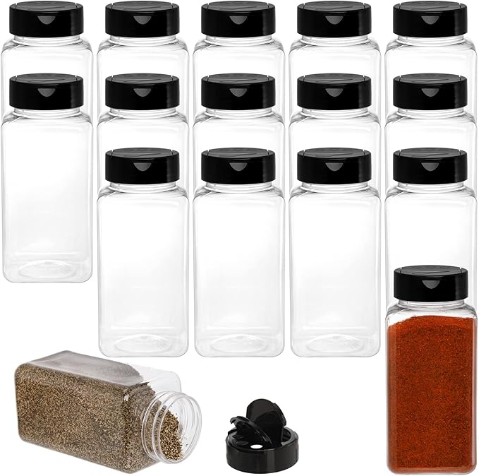 Tosnail 16 Pack 17 Fluid Oz Clear Plastic Spice Jars Spice Containers Spice Bottles Seasoning Organizer with Black Lids by Tosnail