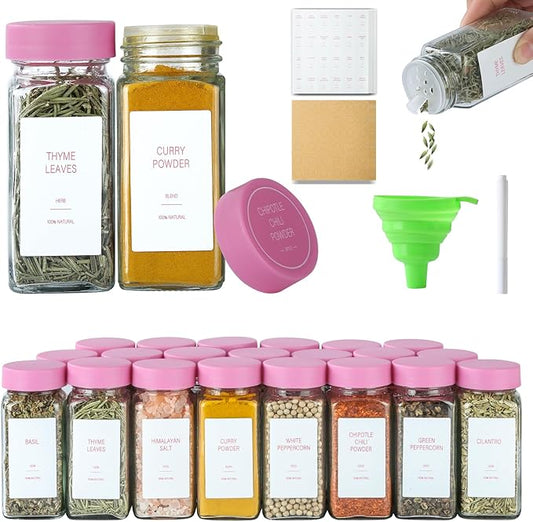 Pink Spice Jars with Label，4oz Seasoning Containers, Glass Spice Bottles with Shaker Lids,Funnel, Chalk Pen (Pink, 48) by Unknown