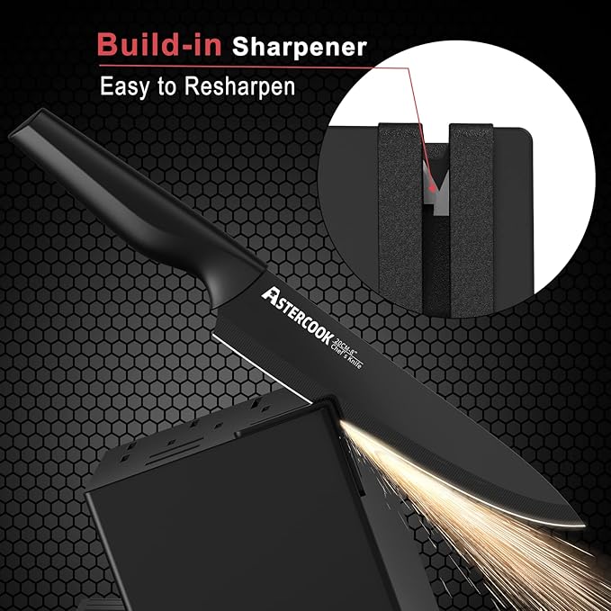 Knife Set, Astercook 21 Pieces Knife Sets for Kitchen with Block, Dishwasher Safe Kitchen Knife Set with Built-in Sharpener, German Stainless Steel Black Knife Block Set Mothers Day Gifts - Image 4