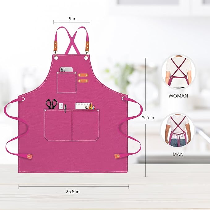 OUNLEN Chef Apron for Men Women Canvas Aprons with 3 Pockets Cross Back Resistant Work Apron for Cooking - Image 2