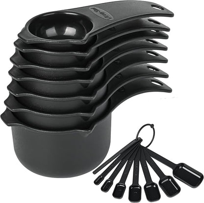 Measuring Cups and Spoons Set 15, 7 Plastic Measuring Cup Spoon Set, 7 Spice Long Handle Measuring Spoons with 1 Leveler for Kitchen and Baking, Dry Metric Measure Cups & Spoons Black