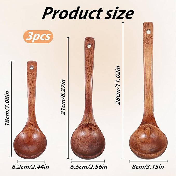 Wooden Ladle for Soup, Non-Stick Wooden Spoon Set, 3 Size Wood Ladle Spoon with Back Hooks for Deep Pot, Natural Wood Kitchen Utensils Set for Serving, Stirring