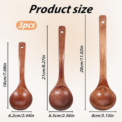 Wooden Ladle for Soup, Non-Stick Wooden Spoon Set, 3 Size Wood Ladle Spoon with Back Hooks for Deep Pot, Natural Wood Kitchen Utensils Set for Serving, Stirring