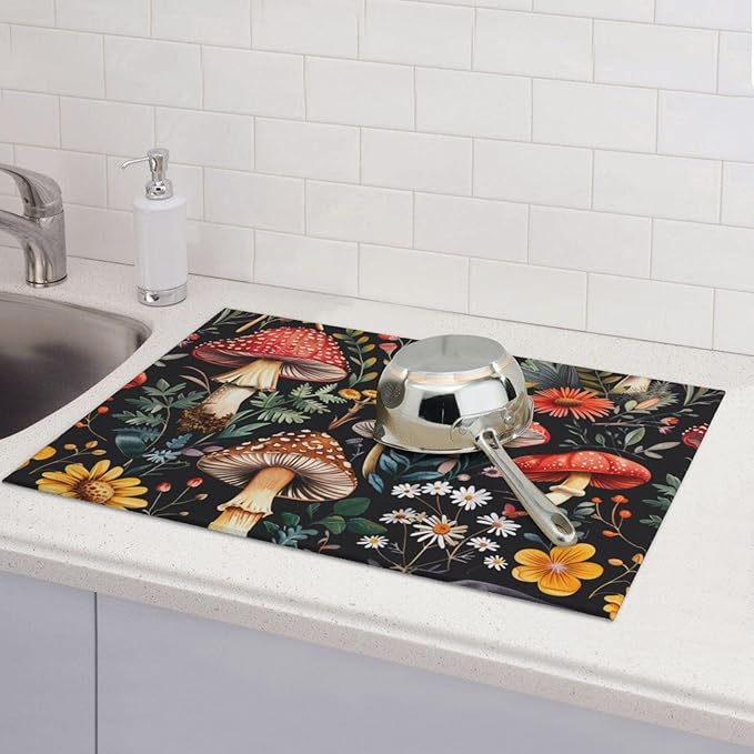 Forest Floral Mushroom Dish Drying Mat For Kitchen Counter Absorbent Large Kitchen Fast Dry Pad Reusable Washable Protector Rack Large Mat 18 X 24