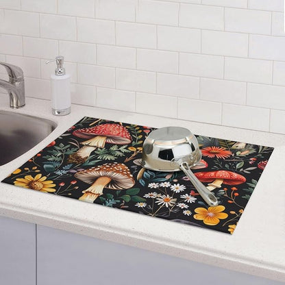 Forest Floral Mushroom Dish Drying Mat For Kitchen Counter Absorbent Large Kitchen Fast Dry Pad Reusable Washable Protector Rack Large Mat 18 X 24