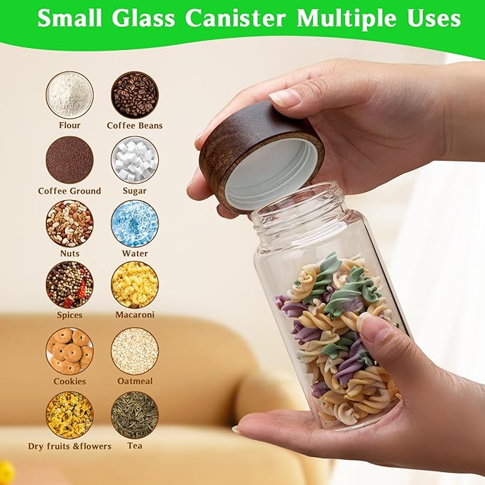 8 oz Small Glass Spice Jars with Airtight Wood Acacia Lid 4 PCS,Clear Coffee Ground Storage Canister Round Glass Spice Jar for Pantry Sugar Tea Bean Nuts Cookies Salts Seasoning - Image 4