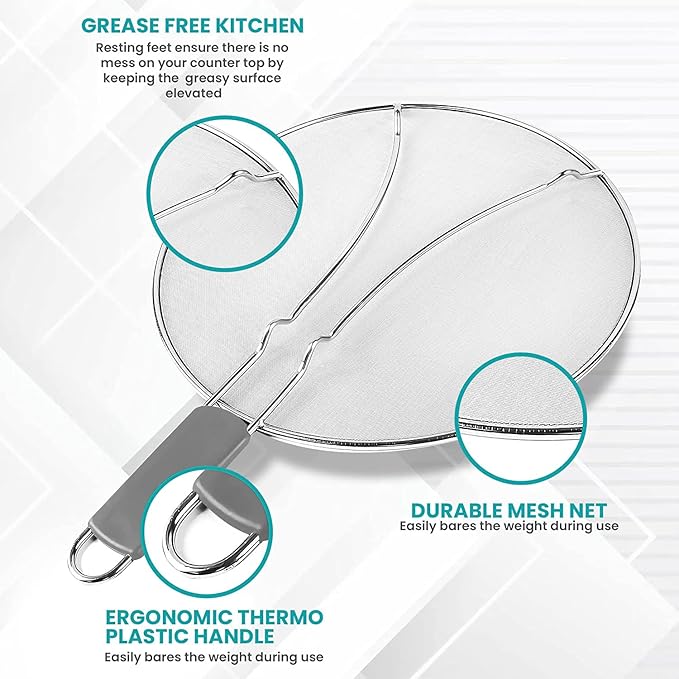 13" Grease Splatter Screen for Cooking | Stainless Steel Oil Splatter Guard and Ultra-Fine Mesh Protects Skin from Burns | TPR Tight-Grip Handle (Grey) - Image 4