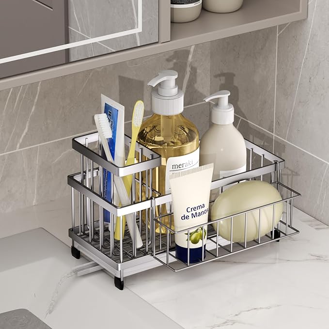 SWTYMIKI Sink Caddy Sponge Holder - Large Sponge Holder for Kitchen Sink with 360°Auto-Drain Tray, Rustproof Stainless Steel Kitchen Organizer Caddy for Countertop Organization - Image 4