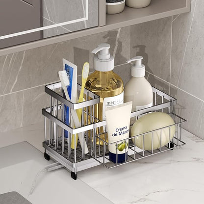 SWTYMIKI Sink Caddy Sponge Holder - Large Sponge Holder for Kitchen Sink with 360°Auto-Drain Tray, Rustproof Stainless Steel Kitchen Organizer Caddy for Countertop Organization - Image 4