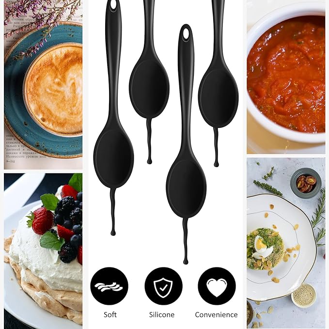 Shappy 4 Pieces Silicone Cooking Spoons 10.6 Inch Heat Resistant Kitchen Spoons for Mixing, Serving and Stirring Upgrade Large Non Stick Basting Utensils, Dishwasher Safe(Spoon,Black) - Image 3