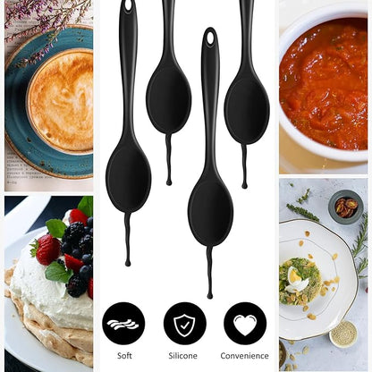 Shappy 4 Pieces Silicone Cooking Spoons 10.6 Inch Heat Resistant Kitchen Spoons for Mixing, Serving and Stirring Upgrade Large Non Stick Basting Utensils, Dishwasher Safe(Spoon,Black) - Image 3
