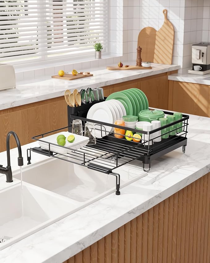 Kitsure Extendable Dish Drying Rack - Rust-Resistant Dish Racks for Kitchen Counter with Adjustable Support Legs, Cutlery Holder & Removable Draining Tray (Black, 15.6''-25.2''L × 16.9''W × 8.1''H) - Image 9