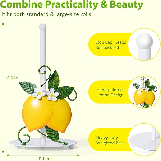 Lemon Paper Towel Roll Holder Countertop - Lemon Housewarming Gifts for Women, Farmhouse Kitchen Decor and Accessories, Vintage Home Yellow Kitchen Counter Decor, 3D Handmade Pattern, Weighted Base - Image 2