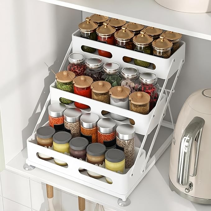 Ceetug 3 Tier Foldable Spice Rack for Countertop Iron Kitchen Seasoning Organizer for Cabinet, White - Image 5