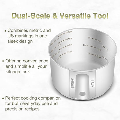 1PCS 1Cup (240ml, 8oz) Single Measuring Cup, Etched Inner Scale Stainless Steel Measure Scoop, Metric and US Measurement, Dishwasher Safe - Image 4