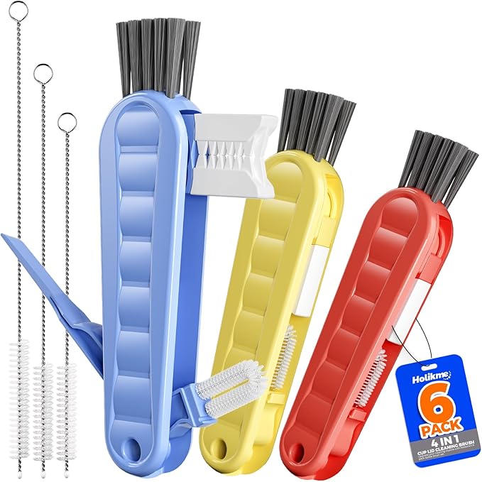6 Pack Holikme 4 in 1 Cup Lid Cleaning Brush Set with 3 Straws, Multifunctional Bottle Brush, Silicone Cup Lid Gap Cleaner, Durable Bristle Crevice Cleaning Brush, Blue & Yellow & Red by Holikme