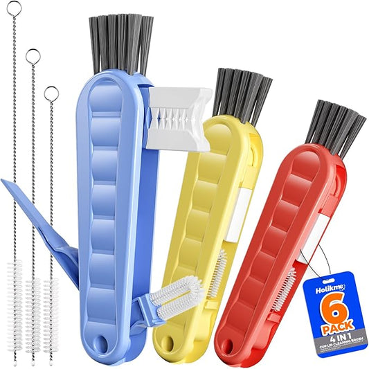 6 Pack Holikme 4 in 1 Cup Lid Cleaning Brush Set with 3 Straws, Multifunctional Bottle Brush, Silicone Cup Lid Gap Cleaner, Durable Bristle Crevice Cleaning Brush, Blue & Yellow & Red by Holikme