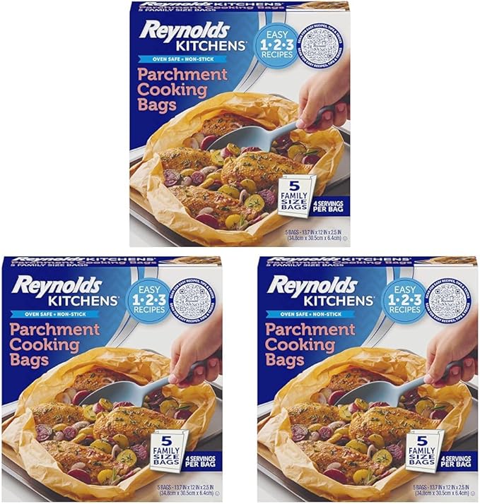 Reynolds Kitchens Parchment Cooking Bags, Family Size, Non-Stick Parchment Cooking Bags for the Oven and Microwave, Oven-Safe up to 425 Degrees, Great for Quick Family Meals, No-Mess Cleanup, 15 Pack by ReynoldsConsumerProducts