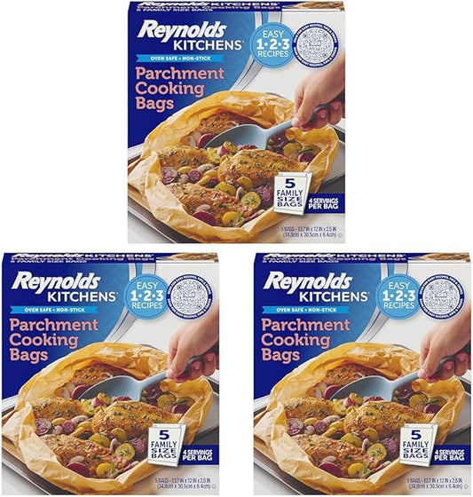 Reynolds Kitchens Parchment Cooking Bags, Family Size, Non-Stick Parchment Cooking Bags for the Oven and Microwave, Oven-Safe up to 425 Degrees, Great for Quick Family Meals, No-Mess Cleanup, 15 Pack by ReynoldsConsumerProducts