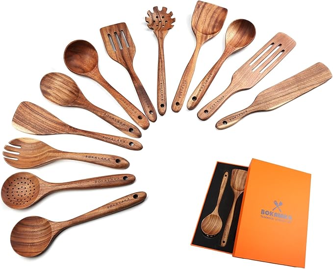 Wooden Spoons for Cooking,12 Pack Wooden Utensils for Cooking Wooden Cooking Utensils Wooden Kitchen Utensils Set Natural Teak Wooden Spatulas for Cooking by BOKALAKA