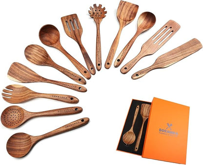Wooden Spoons for Cooking,12 Pack Wooden Utensils for Cooking Wooden Cooking Utensils Wooden Kitchen Utensils Set Natural Teak Wooden Spatulas for Cooking by BOKALAKA