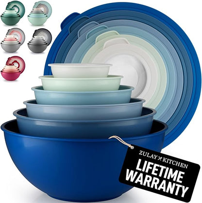 Zulay Kitchen 12 Piece Plastic Mixing Bowls with Lids Set - Leak-Proof Microwave & Freezer Safe Stackable Mixing Bowl Set for Preparing, Serving and Storing - Non-Slip Large Nesting Bowls (Blue Ombre) by ZulayKitchen