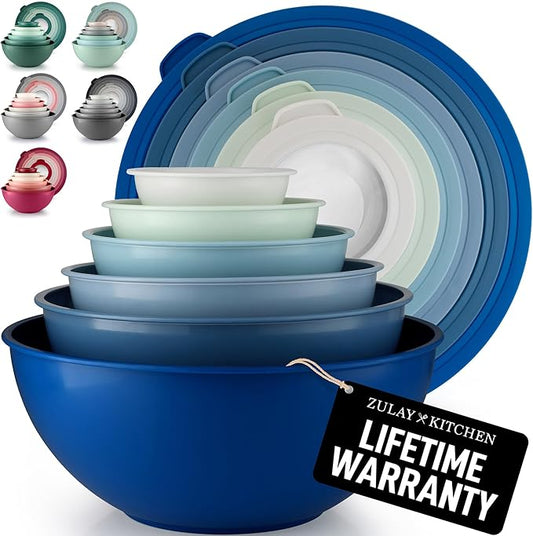 Zulay Kitchen 12 Piece Plastic Mixing Bowls with Lids Set - Leak-Proof Microwave & Freezer Safe Stackable Mixing Bowl Set for Preparing, Serving and Storing - Non-Slip Large Nesting Bowls (Blue Ombre) by ZulayKitchen
