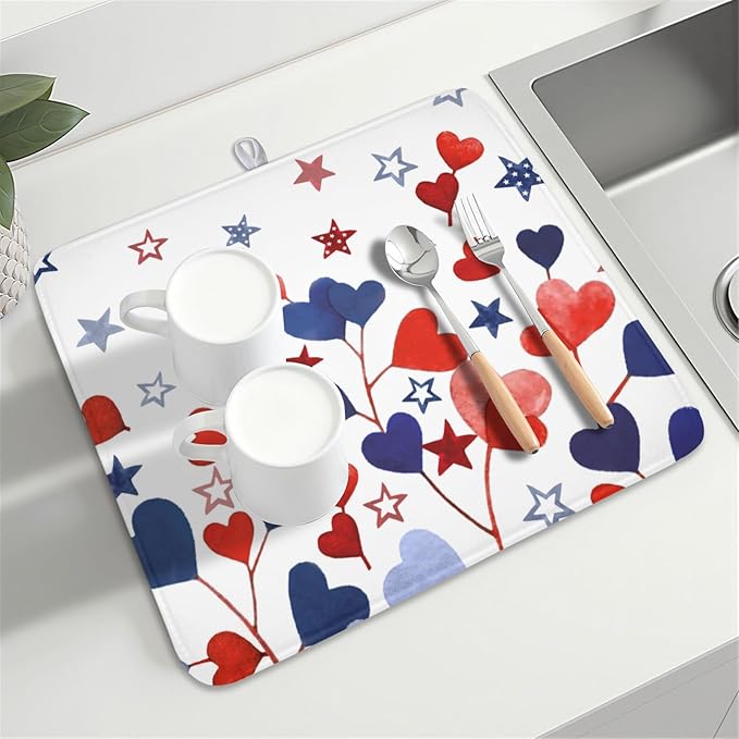 4th of July Dish Drying Mat for Kitchen Counter Patriotic Red Blue Star Love Heart Pattern Microfiber Dish Drainer Mat Independece Day Absorbent Washable Drying Pad 16"x18"