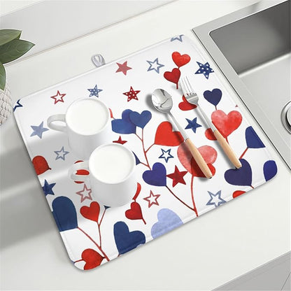 4th of July Dish Drying Mat for Kitchen Counter Patriotic Red Blue Star Love Heart Pattern Microfiber Dish Drainer Mat Independece Day Absorbent Washable Drying Pad 16"x18"