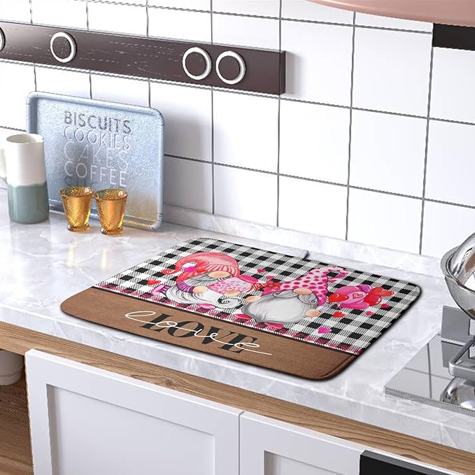 Valentine's Day Dish Drying Mats for Kitchen Counter, Gnome Love Kitchen Drying Mat, Buffalo Plaid Dish Drainer Mat Absorbent Quick Dry Dishes Pad 16 x 18 In - Farmhouse Decor Valentines Gift - Image 5