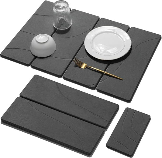 Large Stone Dish Drying Mat for Kitchen Counter, 2 PCS Quick Dry Stone Mats, Foldable Water Absorbing Diatomaceous Earth Drying Dishes Pad for Countertop Bottle Utensil Cup(Carved Gray 24"x16"&8"x4") by linidcoudhome