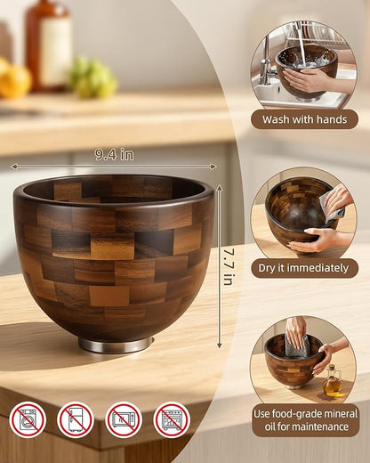 Premium Walnut Wood Mixing Bowl, Compatible with KitchenAid 4.5 & 5 QT Tilt-Head Mixers, Natural True Walnut Wooden Bowl with Stainless Steel Locking Base, 5QT (9.4")