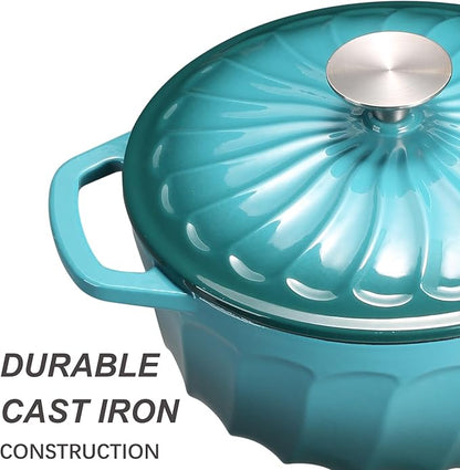 6 QT Enameled Cast Iron Dutch Oven with Lid, Non-Seasoning Enamel Coated Pot, 500°F Oven Safe, Dual Handles, Compatible with All Cooktops for Bread Baking, Braising & Stewing, White (BlueGreen, 6 QT)