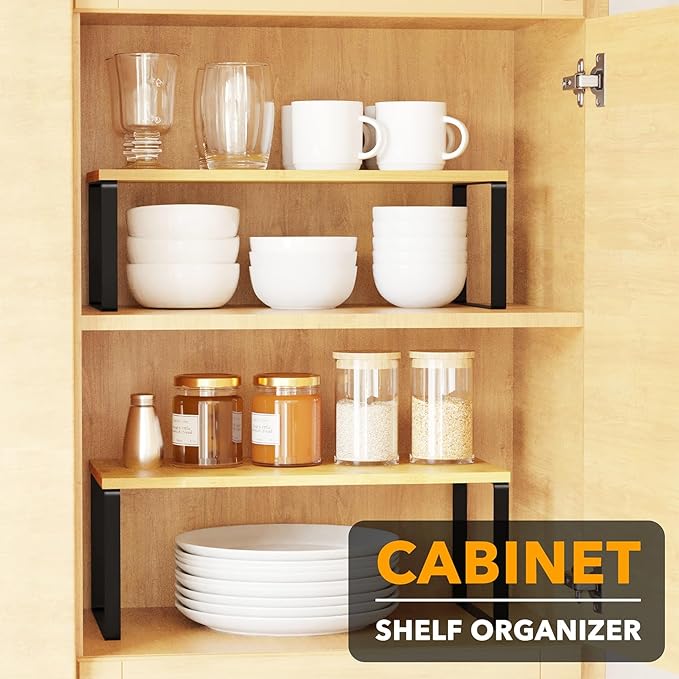SpaceAid Cabinet Shelf Organizers 2 Pack, Kitchen Counter Rack Shelves Riser, Stackable Expandable Spice Rack, Pantry Cupboard Storage Organization (Black and Natural, Long) - Image 3