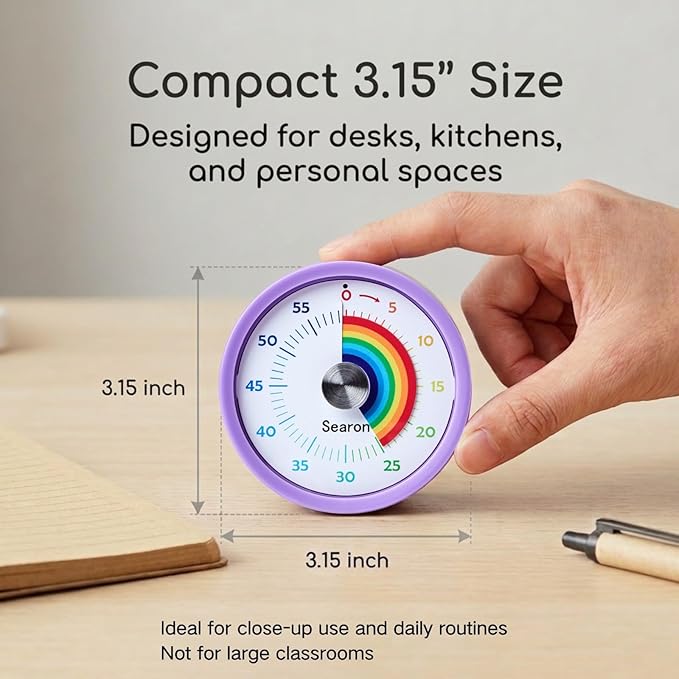 Searon Visual Timer for Kids with Magnet, Quiet 60 Minute Countdown Timer with Rainbow Disk, Sound or Silent LED Alert, for Homework, Reading, Study Time, Kitchen & Small Spaces (Purple)