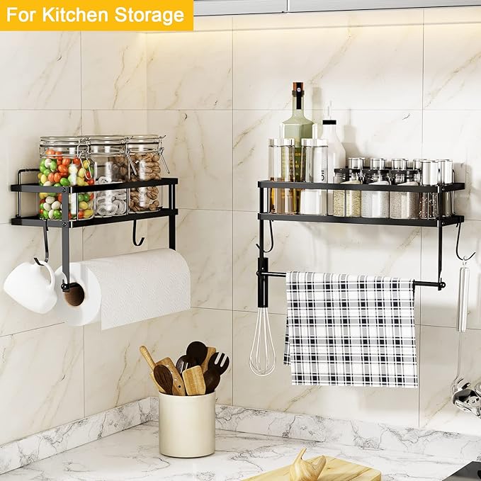 ESOW Paper Towel Holder with Shelf Storage, Adhesive Wall Mount 2-in-1 Basket Organizer for Kitchen & Bathroom, Durable Metal Wire Design, Stainless Steel 304 Matte Black Finish - Image 2